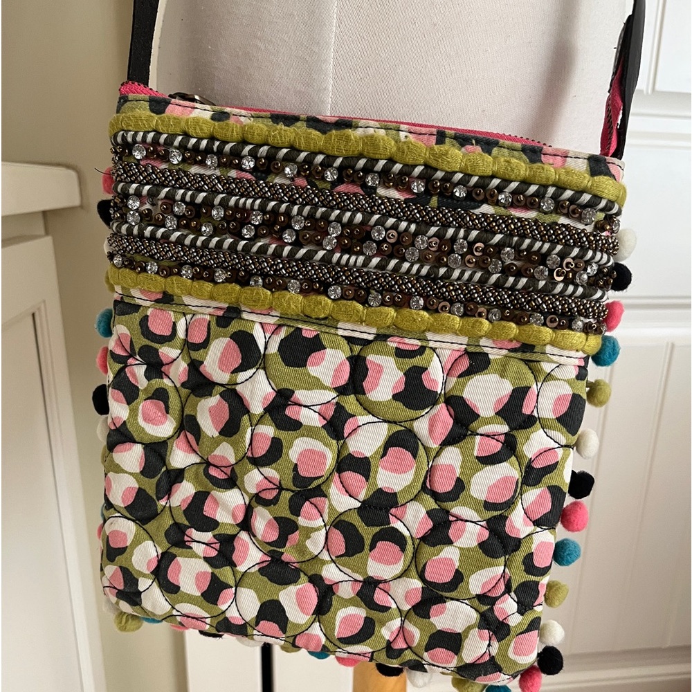 BODEN Quilted Pom Pom Green Pink Crossbody Shoulder Bag Purse